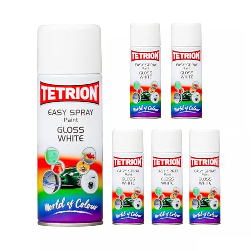 Image of Tetrion Easy Spray Paint - Gloss White, 400ml (Pack of 6) - Acrylic Spray for Wood, Metal, Plastic & More Use with Hi-Build Primer for Long-Lasting Finish, Indoor & Outdoor Use, 13.5 Oz
