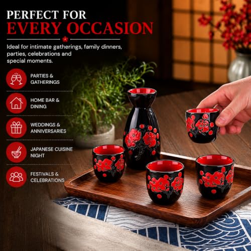 Image of Melbify Japanese Sake Cherry Blossom Design Set | 1 Pc Sake Bottle(180 ml) & 4 Pc Sake Cup(45 ml) | Traditional Craftsmen's Hand Painted Design | Tokkuri Carafe & Cups | Ceramic Serving Gift Set