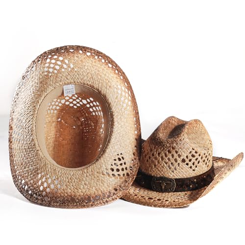 Image of Men's Cowboy Hats Summer Women Beach Cowgirl Hat Raffia Unisex Western Sun Hat