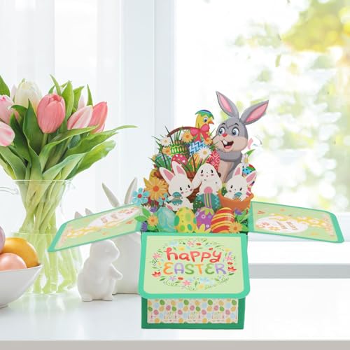 Ostereier Pop Up Karte, Osterkarten mit Umschlag, 3D Klappkarte zu Ostern, Ostereierkarte mit Hasenblumen, Hase Karte 3D Pop Up, Osterkarte, 3D Pop Up Osterkarten