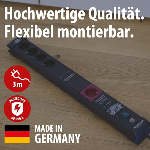 Brennenstuhl Premium-Line Steckdosenleiste 5-Fach mit Überspannungsschutz und Main-Follow Funktion (Mehrfachsteckdose mit Schalter und 3m Kabel, Steckdosenleiste Wandmontage, Made in Germany) schwarz