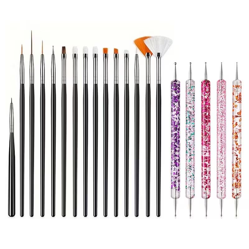 20pcs Professional Nail Art Brushes Acrylic Gel Polish Tools with Flat Fan Liner Dotting Pen and Design Tips