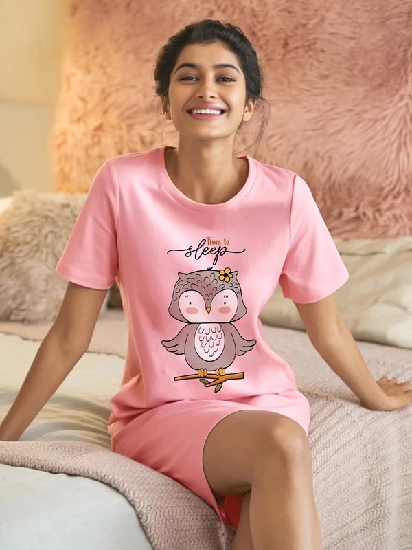 Image of Fflirtygo Women's Cotton Nighty | Printed Knee Length Night Gown |Relaxed Fit Nightwear |Short Nightdress| Long T-Shirt | Sleepwear & Casual Wear Nighty (Pack of 2)