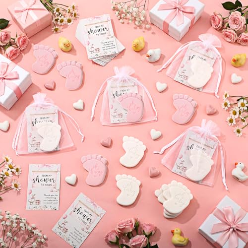 Image of 50 Sets Baby Shower Soap Favors for Guests - Mini Handmade Footprint Scented Soap with Thank You Cards and Organza Bag, Party Gifts for Gender Reveal Baptism(Goose,Pink and White)