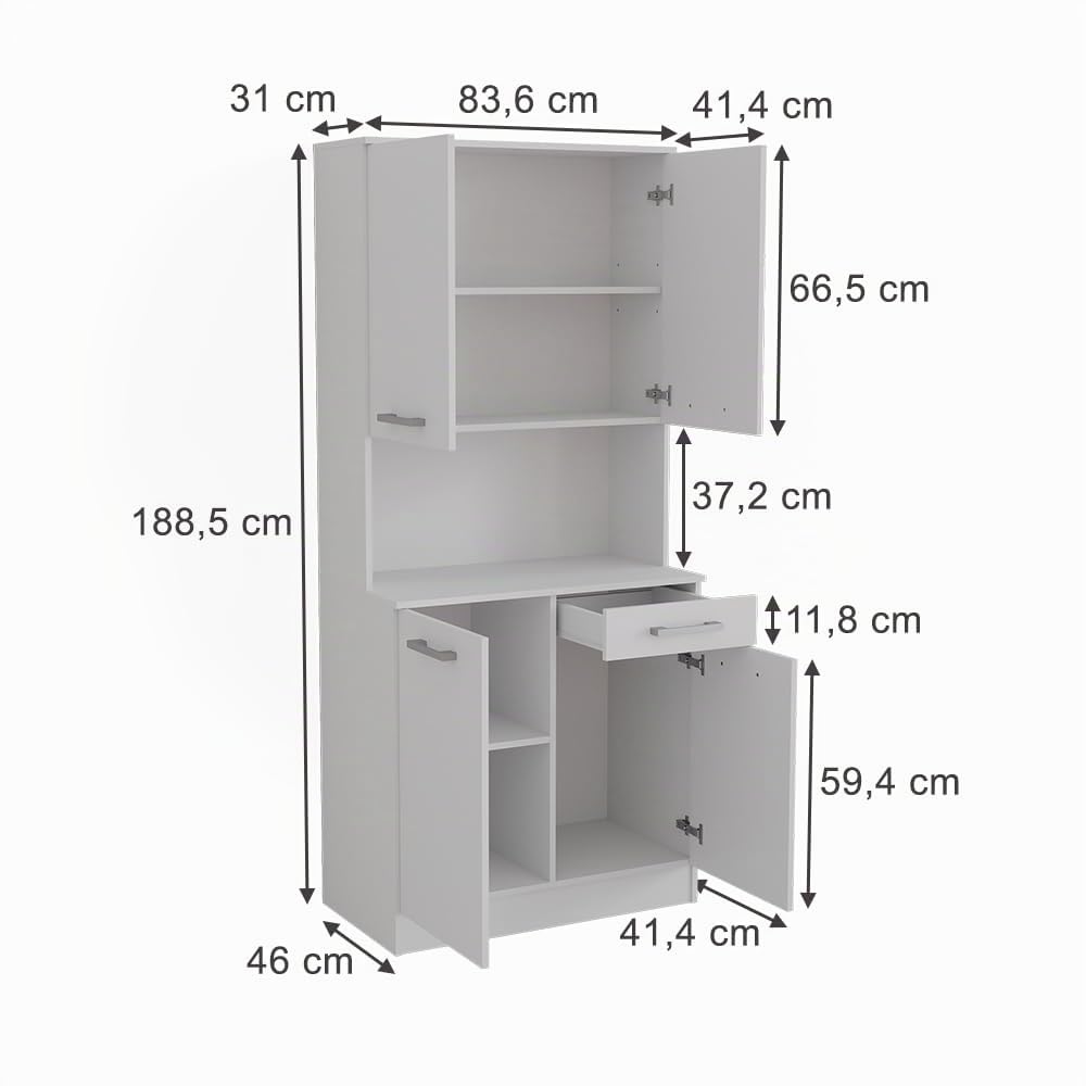 Vicco Küchenbuffet Raul, Weiß, 83.6 x 188.5 cm mit 4 Türen & 1 Schublade, mit offener Geräteablage und kombinierbar mit Zusatzmodulen