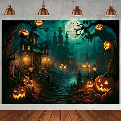 Halloween-Fotohintergrund, Vollmond, gruselige Nacht, Spukhaus, Schloss, Hallowmas Kürbisse, Party-Hintergrund für Kinder, Erwachsene, Halloween, Festival, Party, Dekoration, Hintergrund (grün, 177,8