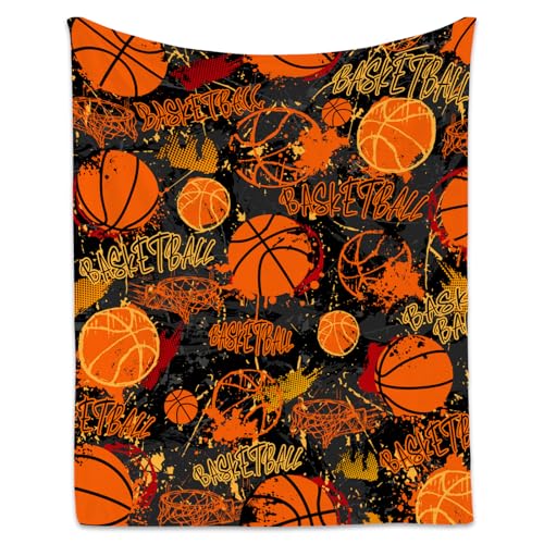 Basketball Blanket, Cozy Soft Throw Gifts for Boys, Cool Orange Flannel Throw Blankets for Bed Travel, 50x60 Inches