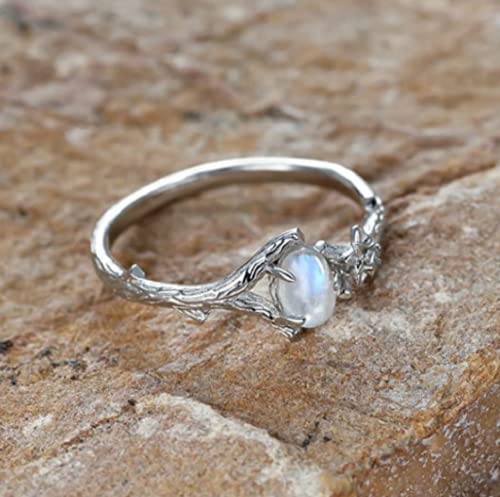 HUKQBUNX 925 Sterling Silver Natural Moonstone Ring Feminine Branch Flower Lady Shiny Wedding Engagement Ring Birthday Party Ring Size 6-10 (Size 8)4
