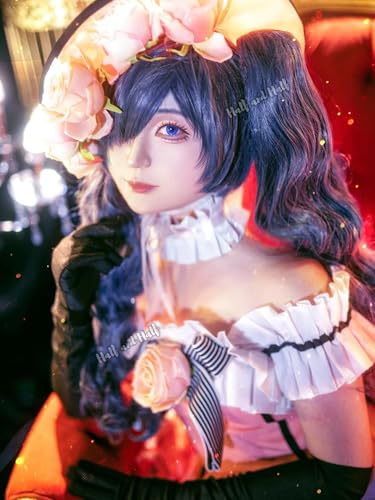 Image of Half and Half Long Curly Deep Gray Blue Ponytail Wigs for Anime Butler Cosplay Dark Gray Twin Tails Costume Wigs for Women Halloween Party Daily