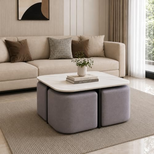 Image of The Attic Norwood Coffee Table, Coffee Table for Living Room, Coffee Table with 4 stools Solid Wood Centre Table with Ceramic Top, Black Finish