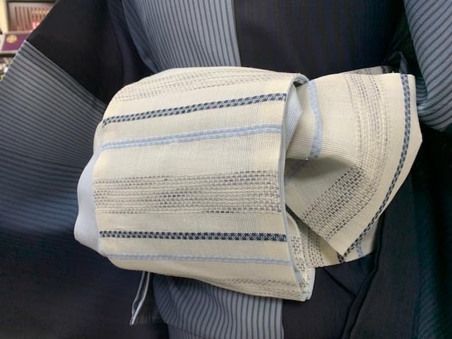 長尺　残りわずか本麻和紙織夏の半巾帯【白地　水色横段】夏の紬・小千谷ちぢみ・浴衣 Amazon.co.jp: 2023入荷 長尺 夏の本麻和紙入り半巾帯水色／白地