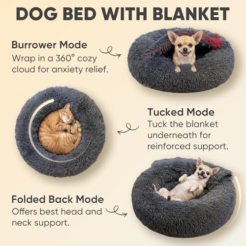 Image of Himax Dog Beds for Small Dogs, Donut Dogs Beds with Blanket Attached, Calming Dog Bed Washable (20 inch /26 inch /35 inch) Grey