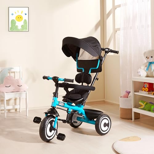 Image of Amazon Brand - Jam & Honey Kids Tricycle with Canopy & Adjustable Parental Handle | Safety Belt, Storage Basket & Comfort Seat | BIS & ISI Certified | Sea Green | Ideal for Toddlers 2+ Years