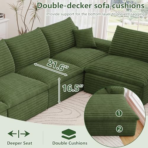 Image of 136 inch Cloud Couch Modular Sectional Sofa for Living Room, U-Shape Boneless Couch with Deep Seat, Modern Corduroy 6-Seater, No Assembly Required, Green