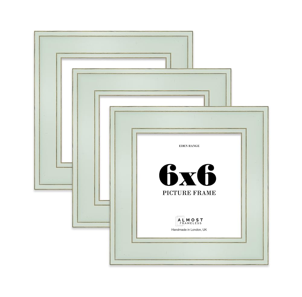 6x6 Sage Green Picture Frame - Shabby Chic Photo Frame with Distressed Finish, Gold Trim, Wall Hooks and Kickstand, 37mm Edge - 3 Pack