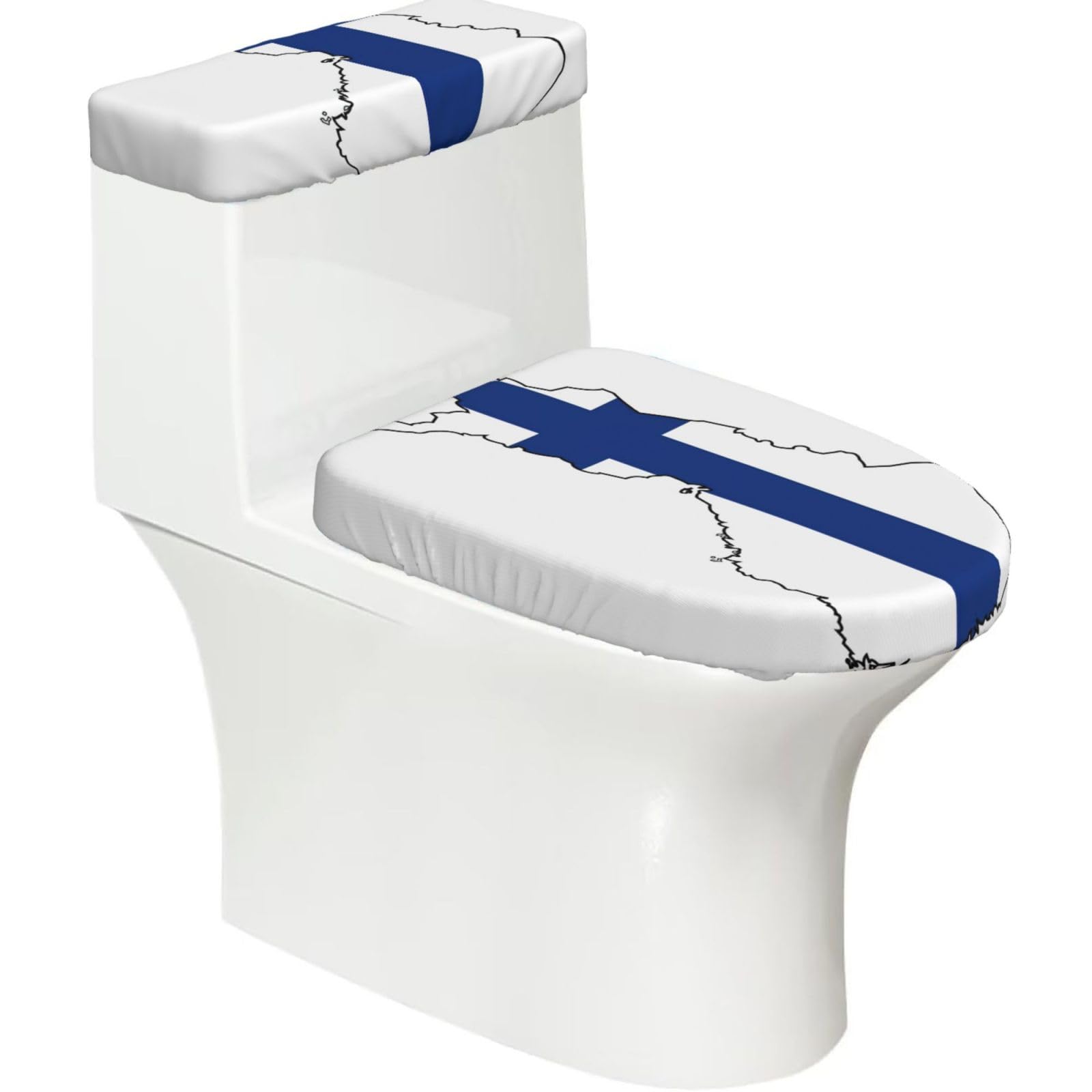 Finnish Flag Map Printed Toilet Tank and Lid Cover Set of 2 for Most Bathrooms, Fits Elongated Round Toilets
