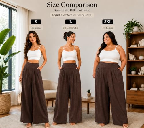 Image of Jawdrobe Women's Pure Cotton Flare Palazzo Pant | Wide Leg Trouser | Casual Office Wear | Relaxed Fit- Semi-Elastic High Waist