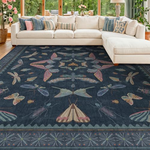 8x10 Large Farmhouse Rugs for Living Room - Unique Washable Area Rug for Bedroom, Dining Room Under Table, Boho & Insect Design, Vintage Moth Décor,