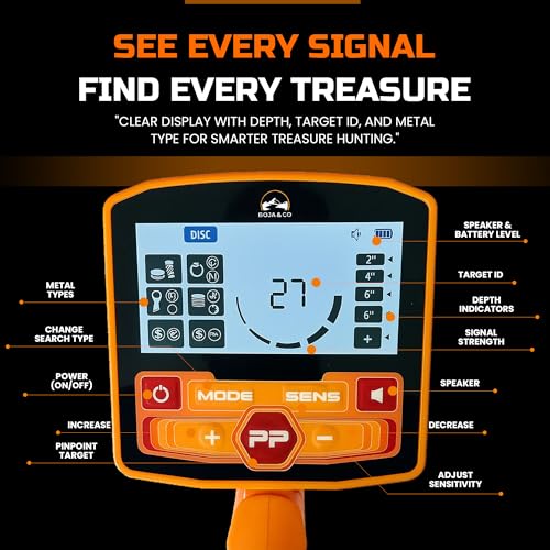 Image of BoJa&Co Metal Detector for Adults, Waterproof 9 inch Coil with 5 Search Modes, LCD Display & Rechargeable Battery, Complete kit with Headphones, Carry Bag & Shovel.