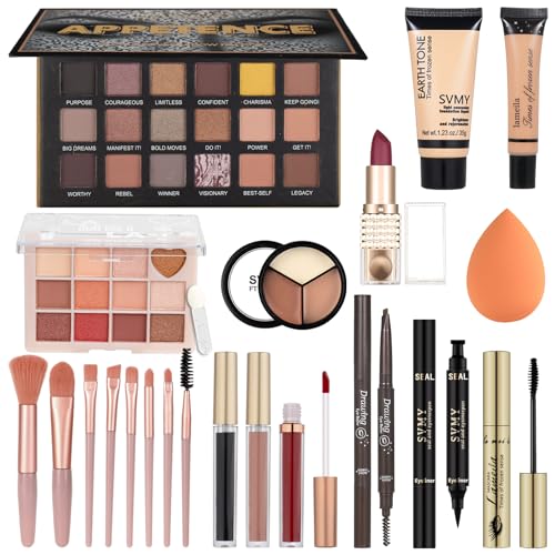 All in One Makeup Kit for Teen Girls - Gift Set with Eyeshadow, Lipsticks, Eyebrow Pencil & Cosmetic Brush