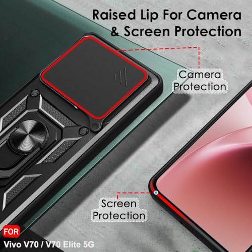 Image of AIBEX Back Cover Compatible for Vivo V70 5G / Vivo V70 Elite 5G | D10 Tough Armor Case | Sliding Camera Shield | 360 Protection | Kickstand Ring Holder | Military-Grade Bumper Case - Black