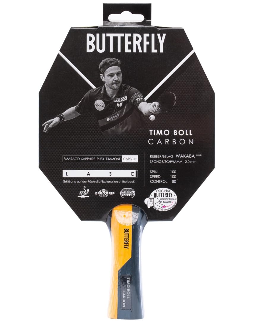 Butterfly Timo Boll Carbon rakieta do tenisa stołowego, certyfikowana przez ITTF okładzina Wakaba na zawody, gąbka 2,0 mm, dla wytrenowanych profesjonalnych graczy klubowych