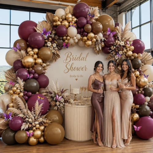 Image of Dark Purple Brown Balloons Double Stuffed Burgundy Plum Gold White Sand Butterfly Balloon Arch Kit for Bridal Wedding Birthday Baby Shower Halloween Fall Party Decorations