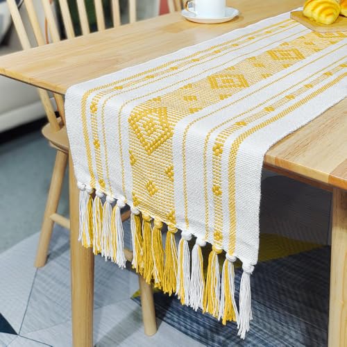 Drapeau de table jaune à pompons en lin pour table basse et décoration de pause thé