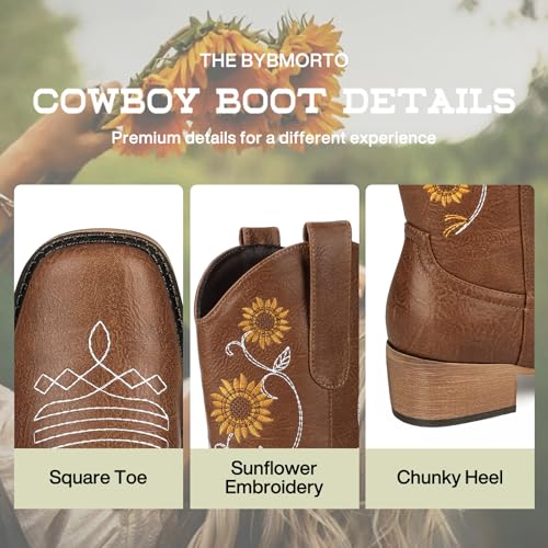 Image of Cowboy Boots for Women - Mid Calf Western Sunflower Cowgirl Boots with Floral Embroidery, Square Toe Stitched Pull On Retro Design, Perfect for Country Idyll, Concerts and More