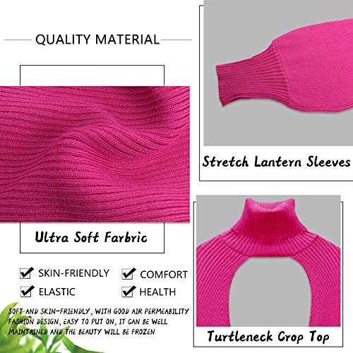 Image of High Collar Long Puff Sleeve Sweater Knitwear Solid Color Pullover Crop Top Ultra Short Turtleneck Sweatshirt