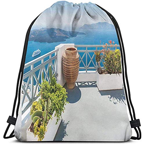 Kordelzug-Tasche mit Kordelzug, Santorini-Insel, Griechenland, Ägäis, Bäume, Blumen, klarer Himmel, Fotodruck, Sporttasche, Reisetasche, Turnbeutel