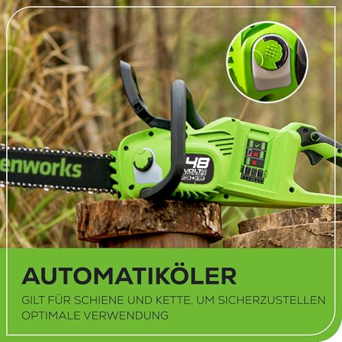 Greenworks 48V (24V x 2) Akku Kettensäge mit bürstenlosem Motor, 35cm Blattlänge, 20 m/s Kettengeschwindigkeit, Auto-Öler… – Ansicht 6