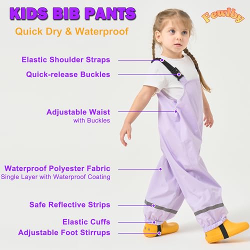 Image of Fewlby Kids Rain Bib Pants, Toddlers Waterproof Suspender Dirty Proof Rain Wear for Boys and Girls