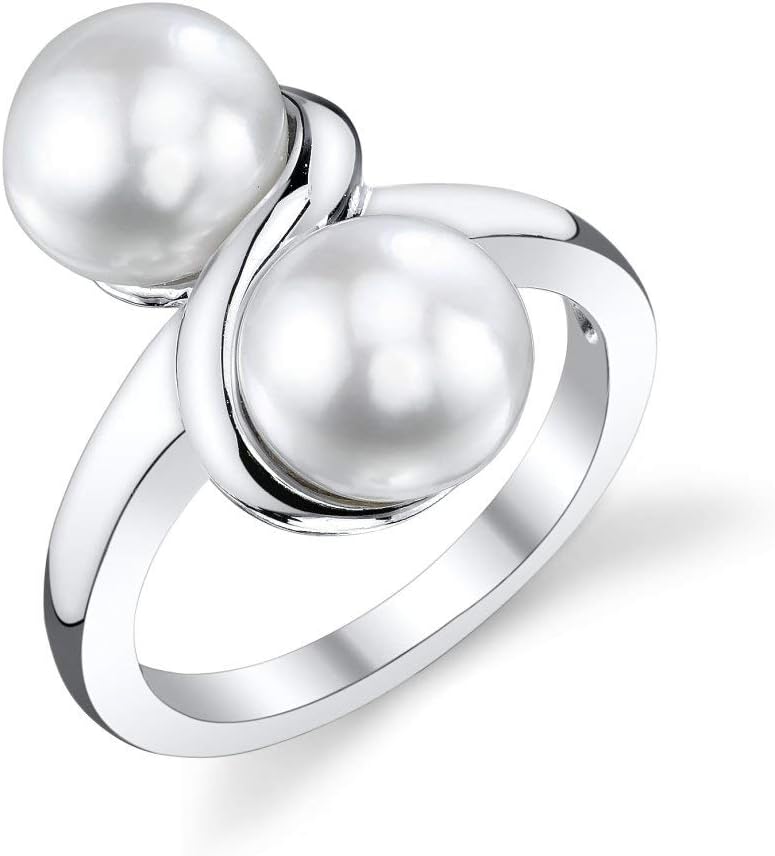 The Pearl Source 7-8mm Genuine White Freshwater Cultured Pearl Double White Ring for Women