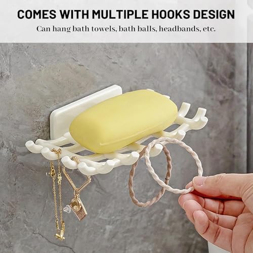 Image of Self Adhesive Soap Holder for Bathroom Wall | Plastic Soap Stand with Drain Tray | Wall Mounted Soap Dish | No Drilling Bathroom Soap Holder (02 Grid White Soap)