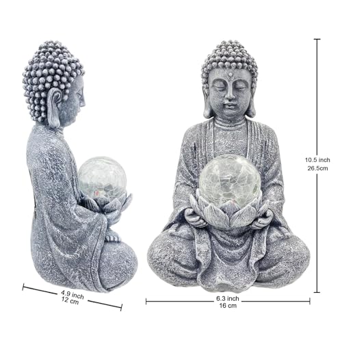 Nacome Meditating Buddha Statue with Solar Light,Zen Solar Garden Buddha with Cracked Glass Ball Sculpture-Indoor/Outdoor Decor for Balcony,Garden,Patio,Porch Yard Art Ornament,10.5 inch(Grey)