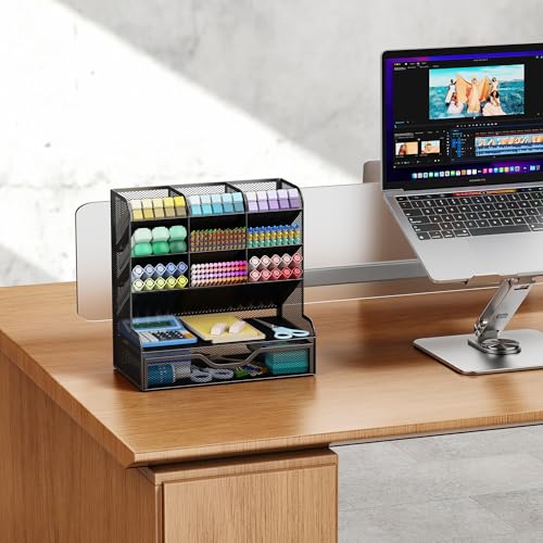 APH02 Multi-Functional Pen Pencil Holder, Desk Organizer with Drawer, Office & Art Supplies Storage，Large Size (Black) image 5