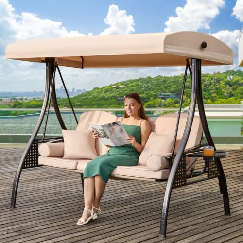 Image of 3 in 1 Outdoor Porch Swing with Adjustable Canopy, 3 Seat Outdoor Swing for Adults, Patio Swing Chair with Thickened Cushions,Pillows & Cup Holders for Backyard, Porch, Garden (Khaki)