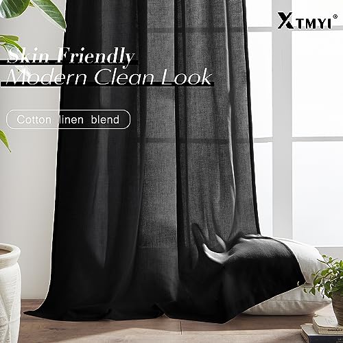 Image of XTMYI Black Curtains 96 Inches Long for Bedroom 2 Panels Linen Sheer Lace Farmhouse Boho Gothic Curtain Drapes for Living Room Home Decor