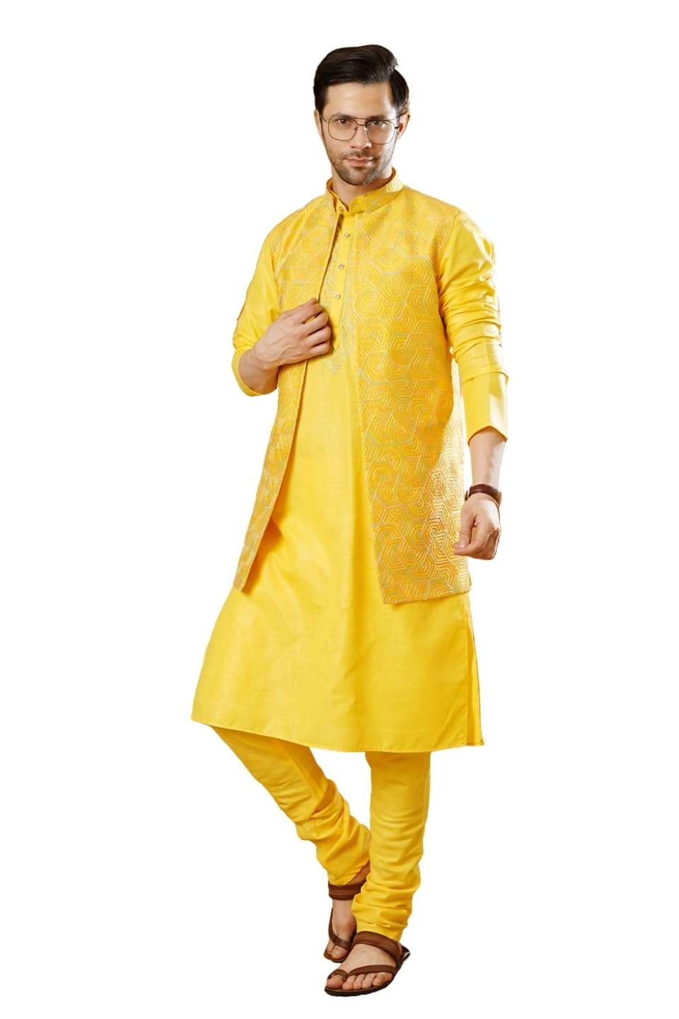 Men's RUBY SILK Yellow Kurta Pyjama with Nehru Jacket-image-46
