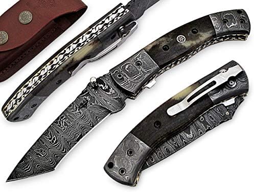 TNZ-49 USA Damascus Knife 8.5″ Long 4″Blade ” 8.10oz Hunting Camping Damascus Pocket Folding Knife with Pocket Clip TNZ Hand Made Damascus Knives