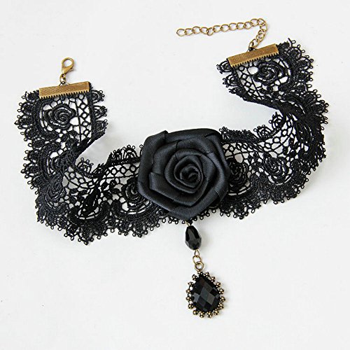 Leeco Elegant Noble Pure Beautiful Women Dresses Wide Neck Lace Party Choker Necklace Short Flower Necklace For Girls,Black Lace Necklace With A Black Rose And A Black Diamond Pendant #TOP5