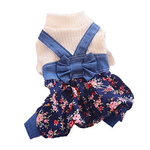 Hionre Pet Dress Bowknot Design Breathable Cotton Puppy Denim Overalls,Dog Dress For Small Medium Girl Dogs Blue Floral Xs #TOP13