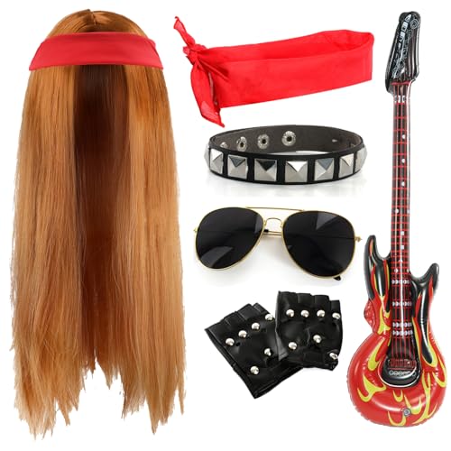 Adults 80s Rock Star Accessory Set - Long Ginger Wig, Plain Red Bandana, Sunglasses, Fingerless Gloves, Inflatable Guitar, Studded Armband - Mens 1980s Rock Band Fancy Dress Costume Accessory Set
