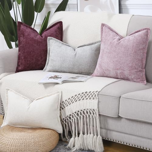 Image of MADIZZ Decorative Chenille Velvet Throw Pillow Covers Set of 2 Soft Boho Textured Neutral Couch Throw Pillow for Bed Modern Farmhouse Home Decor for Sofa Livingroom Burgundy 24x24 Inch Euro Sham