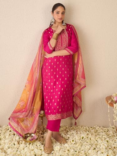 Image of INDO ERA Women's Straight Silk Blend Ethnic Motifs Printed Kurta & Pant With Dupatta Set (IESTR10385)