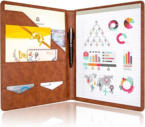 Stylio Padfolio/Resume Portfolio Folder - Interview/Legal Document Organizer & Business Card Holder - with Letter-Sized Writing Pad - Handsome Brown Faux Leather Matte Finish & Accent Stitching