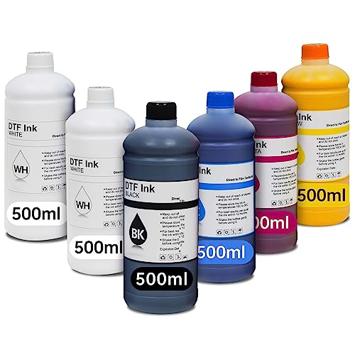 Soko DTF Ink 500ml Premium Heat Transfer Ink Refill for Epson et-8550 L1800 R2400 L800 DX5 DX7 5113 XP600 I3200 All DTF Printers Ink(6Pack, Whitex2, Black, Cyan, Magenta, Yellow)