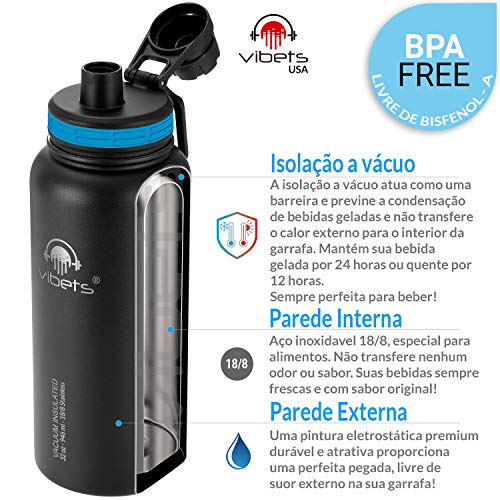 Garrafa Térmica Sport Vibets Hydro USA com Parede Dupla Isolada a Vácuo, 946 ml (Preta/Azul)