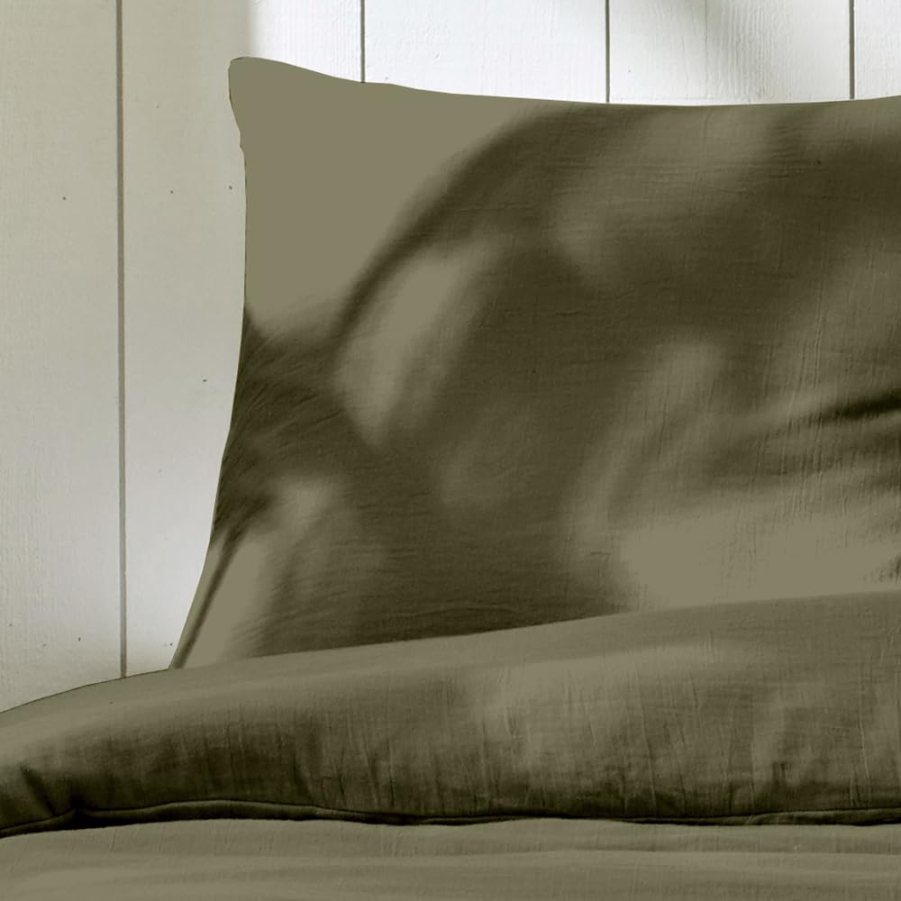 Duquennoy & Lepers - Parure de Lit Double Gaze de Coton - Housse de Couette 240×220 CM avec Boutons + 2 Taies – Tissu 71 Fils, 145 g/m² - Douce, Aérée et Élégante - Oeko-TEX® - Kaki